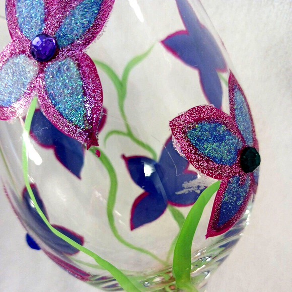 2 Saints HAND PAINTED 9" WINE GLASS Sparkle Violets Flowers w Bling Diamonds - Picture 2 of 16